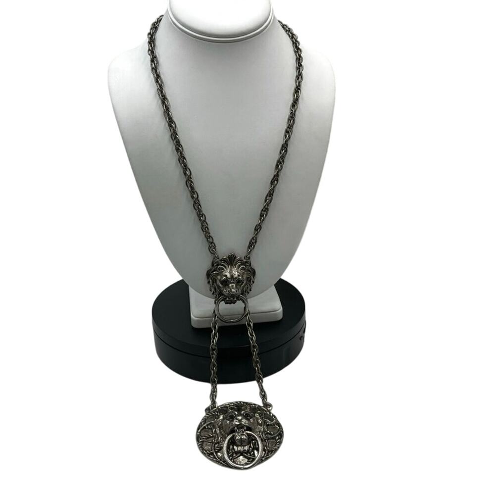 Vintage Silver Tone Victorian Revival Style Lg Double Lion Door Knocker Necklace